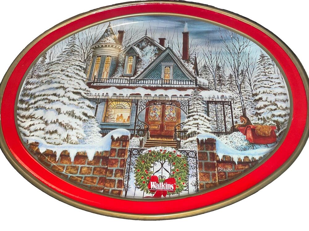 Watkins Oval Metal Tray "The Watkins Story" Victorian House Christmas 12”x14.5”